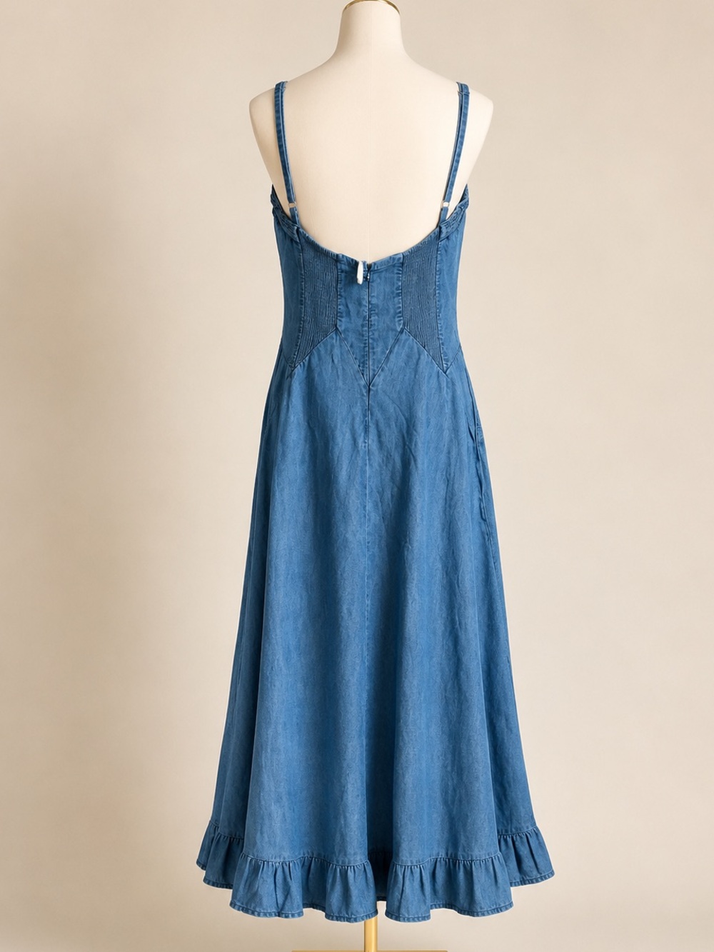Free People Denim Maxi Dress Large NWT Sweetheart Neck Ruffle Hem Cotton Pockets - Picture 3 of 3